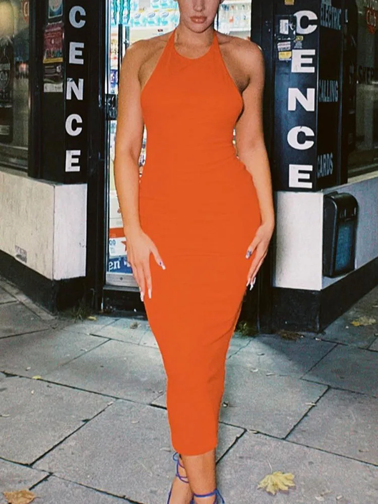 

Платье женское длинное с открытой спиной, пикантная уличная одежда без рукавов, элегантный винтажный вечерний наряд с лямкой на шее, лето 2022