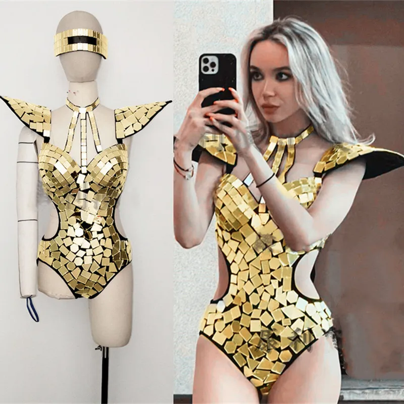 Women Jazz Dance Team Costume Gold Silver Mirror Backless Bodysuit With Glasses Stage Performance Clothes Nightclub Rave Outfits