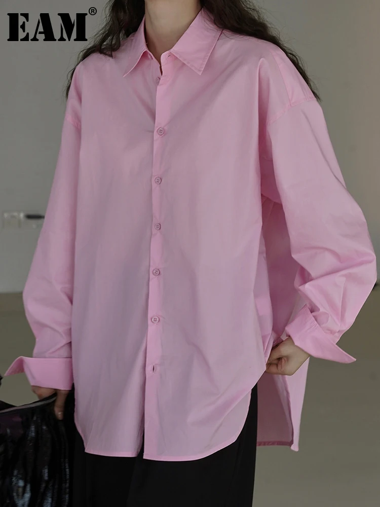 

[EAM] Women Blue Elegant Big Size Irregular Blouse New Lapel Long Sleeve Loose Fit Shirt Fashion Tide Spring Autumn 2023 1DH0639