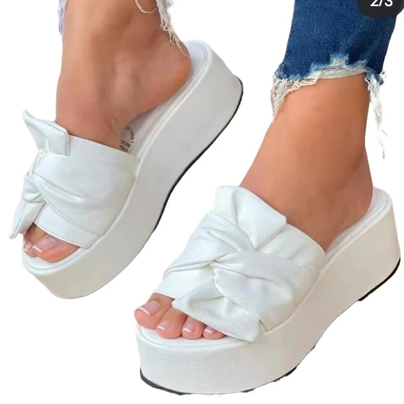 Thick Wedges Women Slippers High Heels Platform Bow Pu Leather Fad Sandals 2022 Summer Pumps Flip Flop Dress Slides Women Shoes images - 6