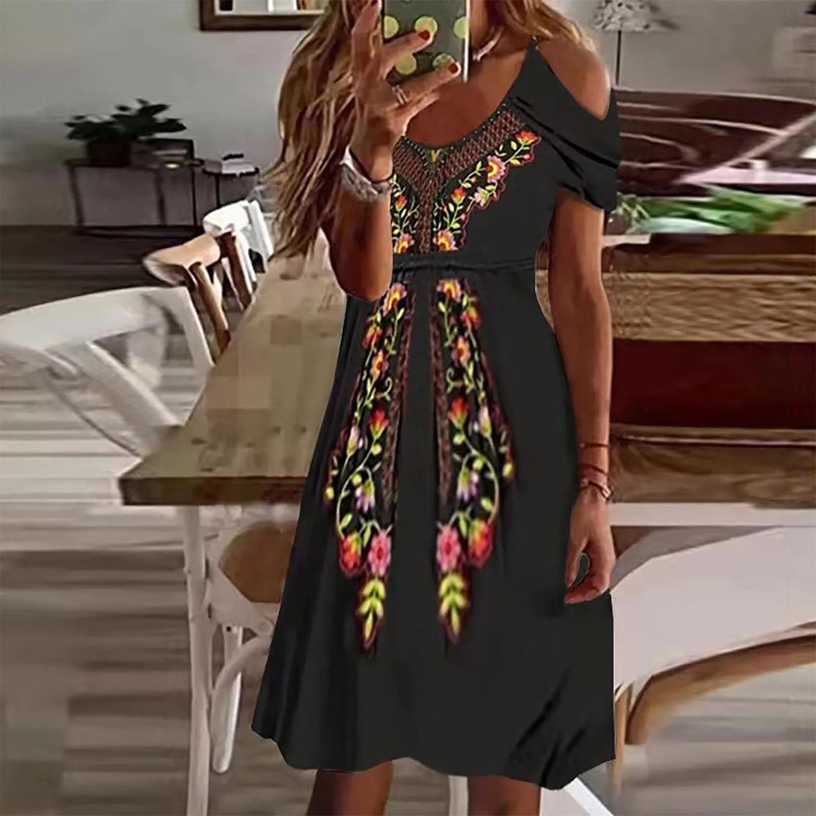 

Женское винтажное платье в стиле бохо, этническое Платье макси с V-образным вырезом, открытыми плечами и коротким рукавом, лето 2022