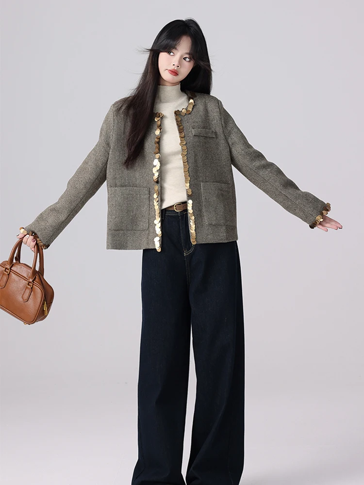 Роскошная короткая куртка с блестками женская новинка 2025 года пальто круглым