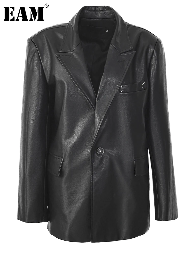 

[EAM] Свободная черная прошитая куртка из искусственной кожи большого размера, Новое Женское пальто с длинными рукавами и отворотом, модная демисезонная 2023 1DH0625
