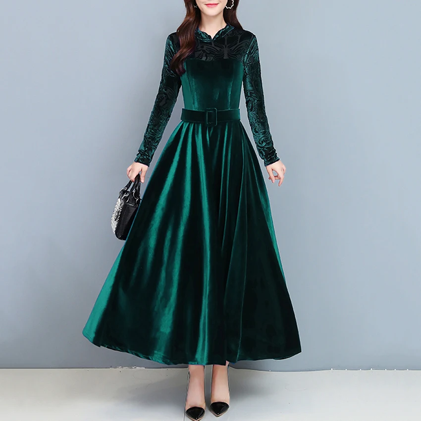 

High Quality Fashion Vintage Velvet Dress Winter Dresses Women Long Sleeve Evening Party Dress For Middle Age Mom Vestidos