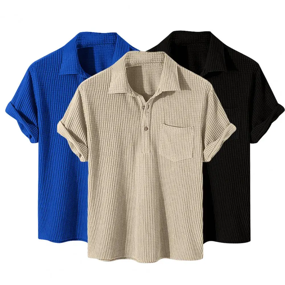 

Summer Men Tops Pullover Loose Buttons Tops Turn-down Collar T-shirt Short Sleeve Sweatshirts Clothing