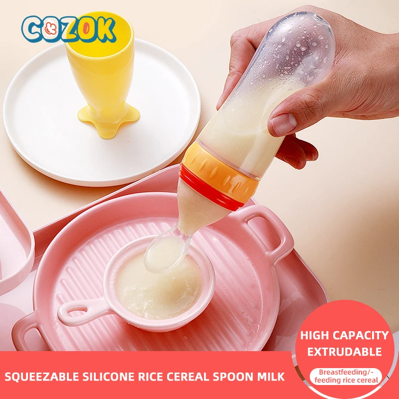 

COZOK Baby Bottle 90ml Silicone Spoon Portable Feeding Bottle Extrudable Children's Semi-liquid Food Supplement Graduated Bottle