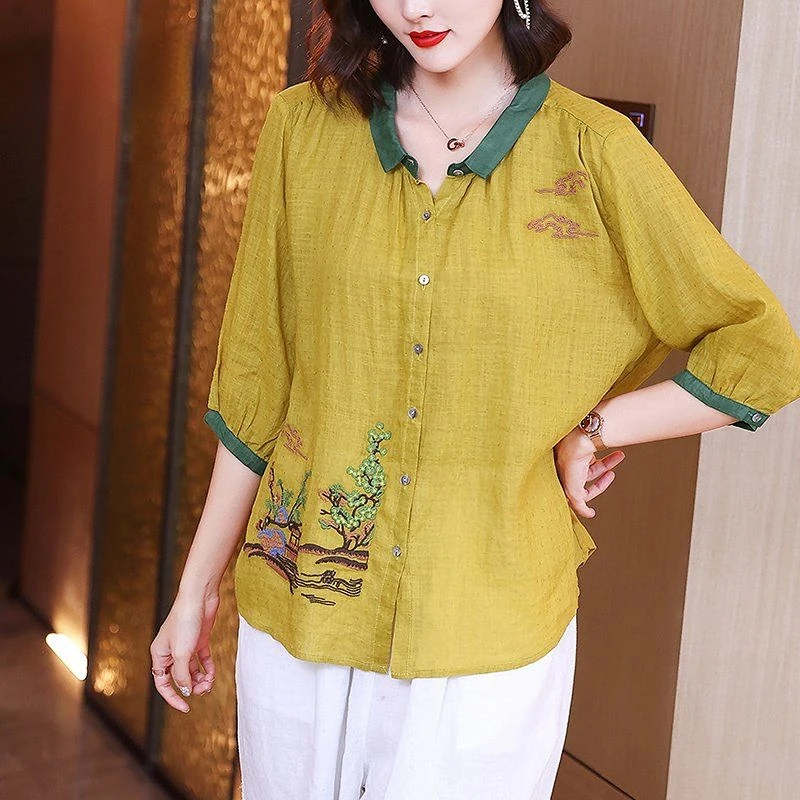 

Retro Spring Summer Women Blouse Fashion Literary Korean Embroidery Tops Contrast Color Loose Embroidery Cotton Linen Blouses