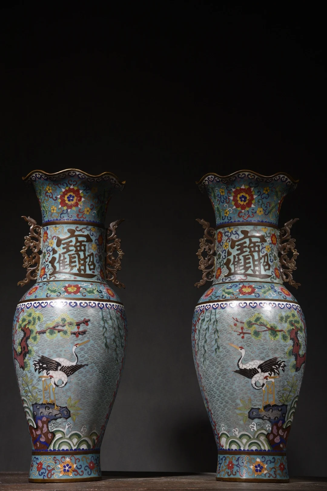 22Tibet Temple Collection Old Bronze Cloisonne Enamel Longevity Crane Pine Texture Fortune Bottom Vase A pair Town house