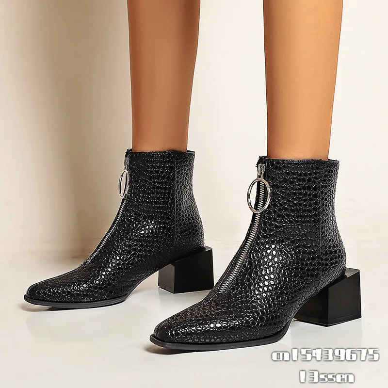 Size 34-48 Ankle Boots Women Silver Black Front Zipper Short Boots Ladies Thick Chunky Medium Heeled Biker Boot Shoes
