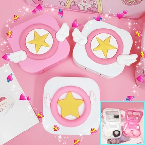 Японские Мультяшные контактные линзы с крыльями сакурыПереносной Контейнер для хранения очков с зеркалом подарок для студентов и девочек