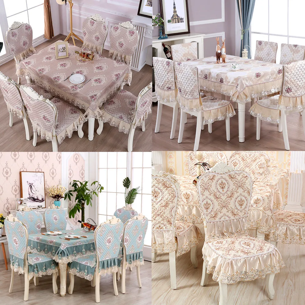 

High quality European Linen Dining Table cloth set Decor 1PCS Lace Tablecloth Round ectangle 6PCS Chair Cover Bundle sale