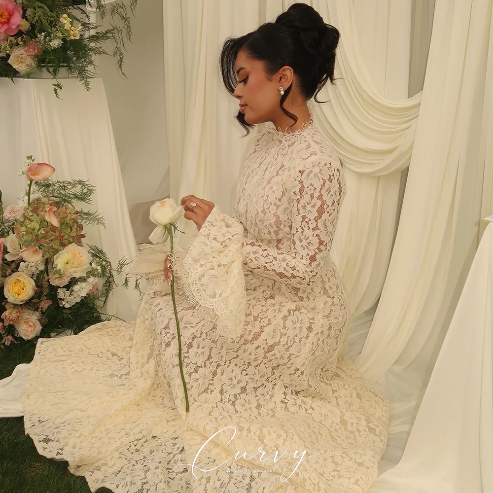 Изысканное свадебное платье Vestido De Novia для женщин: с высоким воротом, кружевными рукавами-колокол, А-силуэт, на заказ (art.: 3920da8286a4b) - 3920da8286a4b