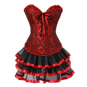 Girls Red Corset Dress Women Sexy Gothic Floral Lace Up Corset Bustier Lingerie Top with Mini Skirt Sets Burlesque Dancing Dress