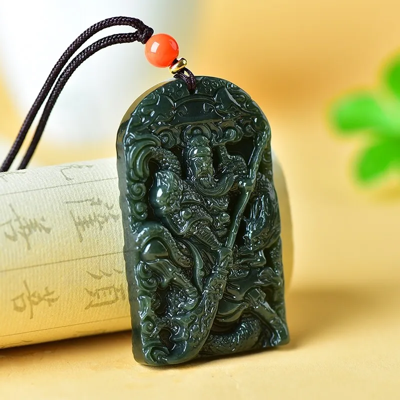 Отправить сертификат натуральный зеленый нефрит Guan Yu Кулон Ожерелье для мужчин и