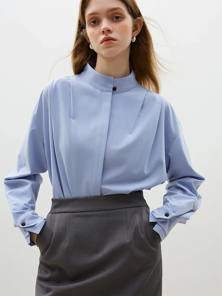 Женская Однотонная рубашка с воротником-стойкой и двойными манжетами