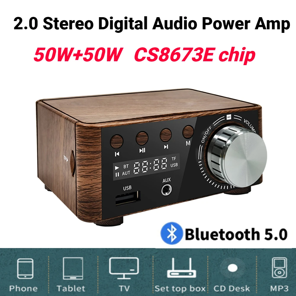 

50 Вт + 50 Вт мини-усилитель Bluetooth-совместимый 5,0 цифровой аудио усилитель мощности класса D USB AUX TF домашний кинотеатр Hi-Fi стерео усилитель