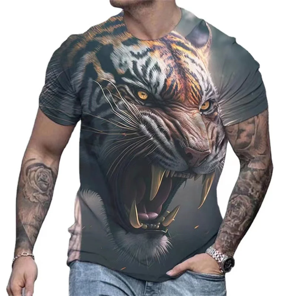 

New Men's T-Shirt Vintage 3d Animal T-Shirt Fierce Tiger Print Tee Summer Short-Sleeve T Shirts Oversized Clothing Male Pullover