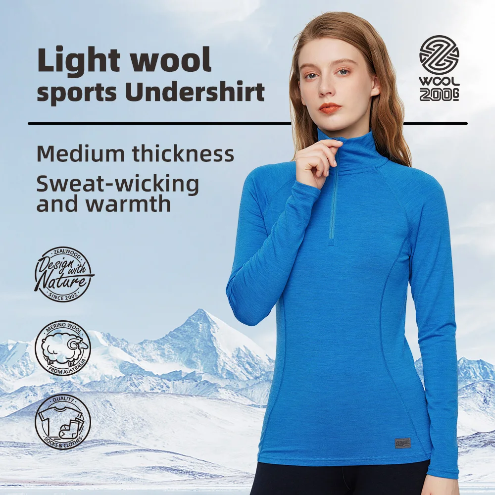 ZEALWOOD Slim Fit 17.5μm Merino Wool Basic Layer Round Collar Mental's Women's Long Slevee T-shirt Sping and Autum Undershirts