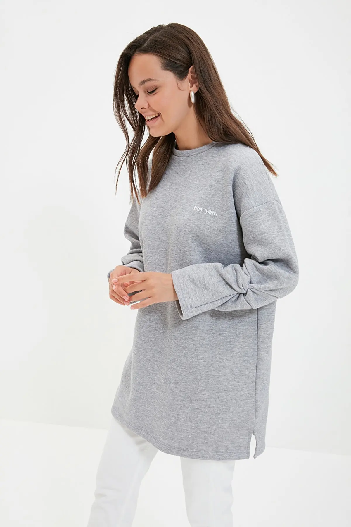 

Gray Bicycle Collar Printed Sleeve Detail Hair Knitting Sweatshirt Women Clothes Sweatshirts Hoodies for Women 142292757
