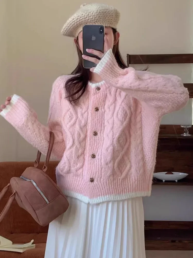 Утепленная зимняя одежда вязаный кардиган милая розовая короткая куртка