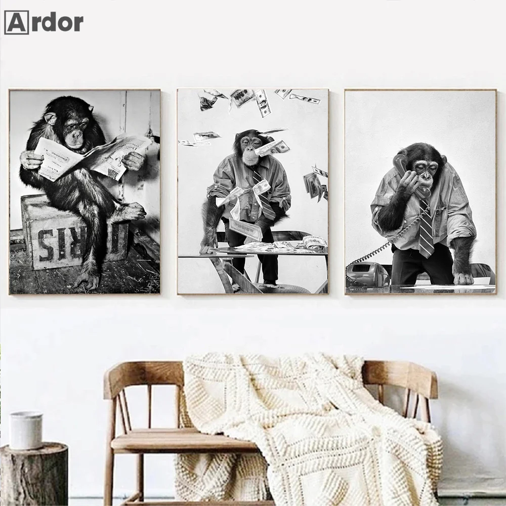 Черно-белый Забавный постер в виде обезьяны Картина на холсте для чтения