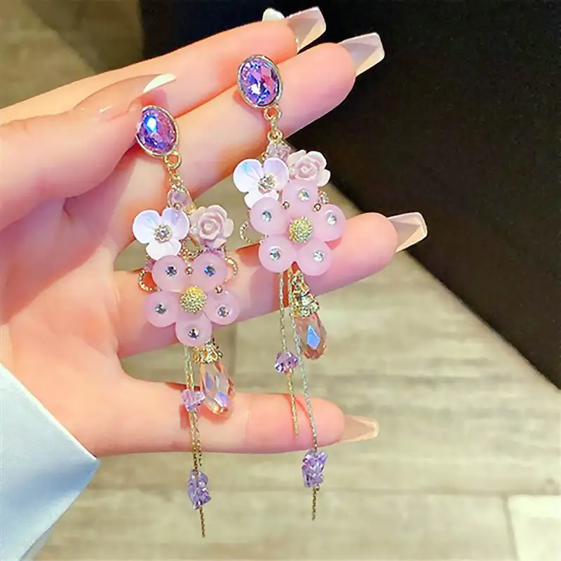 

Beautiful Purple Crystal Flower Tassel Earrings Elegant New Style Long Earring