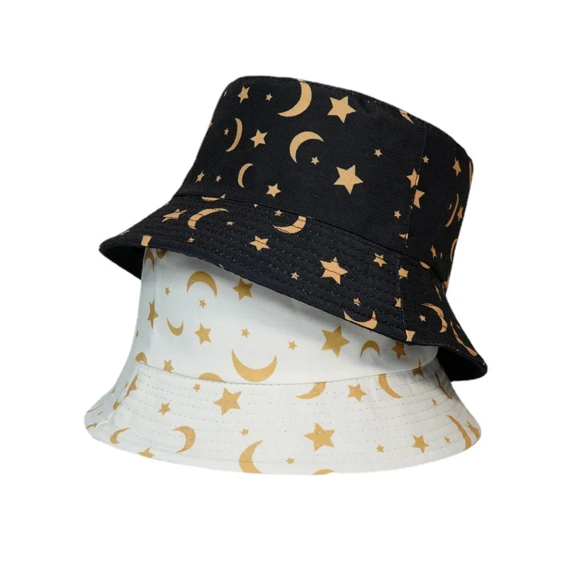 

2022 Hip Hop Summer Bucket Hat Reversible Double sided Stars Moon Print Men Women Panama Cap Outdoor Foldable Bob Fisherman Hat