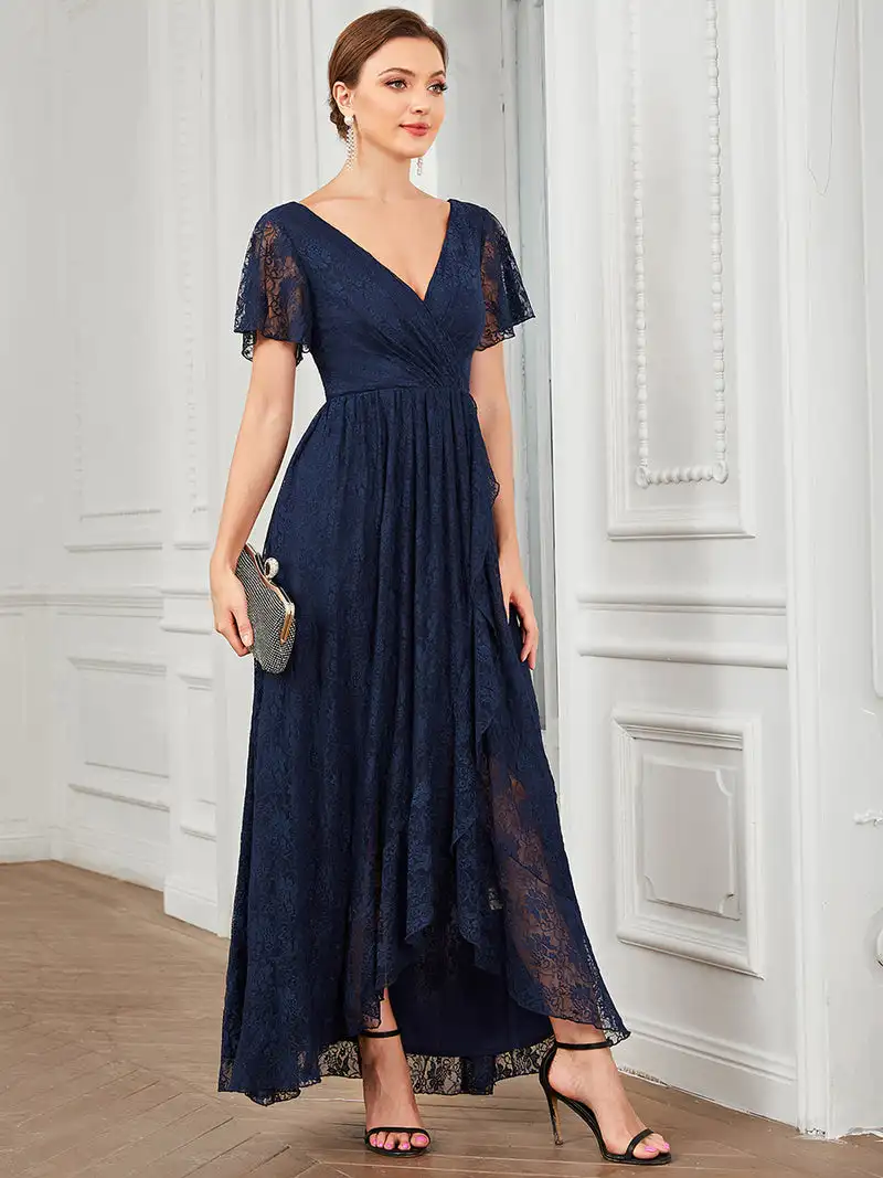 

Gorgeous Evening Dresses Deep V Neck Short See Through Sleeves Through 2023 Ever pretty of A-Line Navy Blue Bridesmaid dress