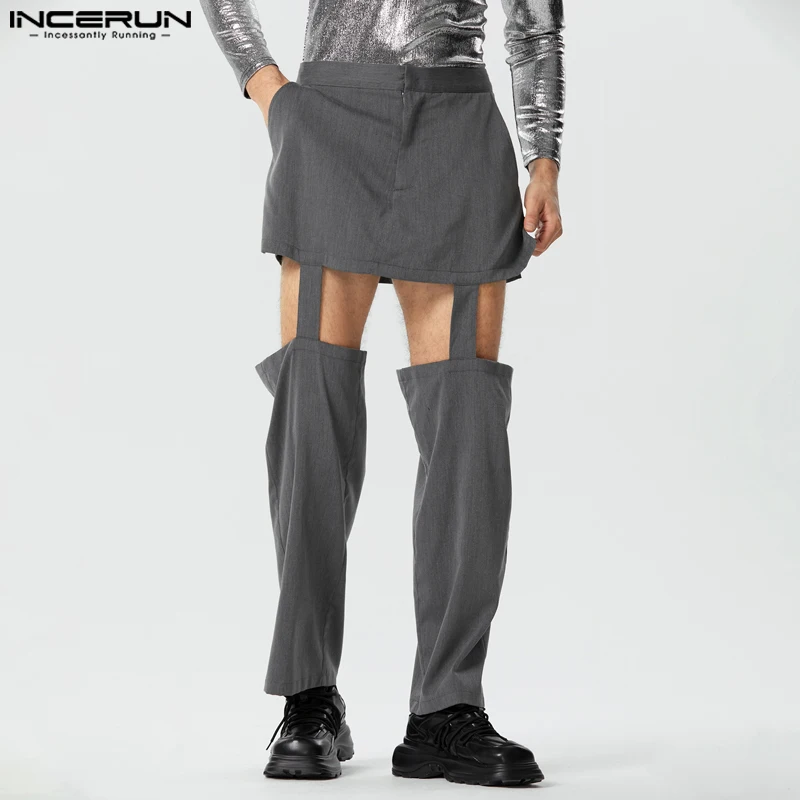 

INCERUN Men Pants Solid Hollow Out Sexy 2023 Irregular Trousers Men Streetwear Personality Fashion Casual Unisex Pants S-5XL