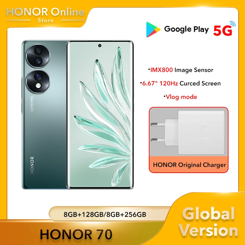 

Global Version Honor 70 5G Smartphone 256GB 66W Superfast Charge 120Hz 6.67" Curved Screen Snapdragon 778G Plus Mobile Phone