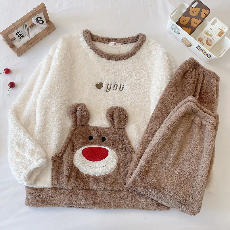 Women's Winter Warm Thin Pajama Suit Length To The Shank Polyester Comfortable Colorful Cut Cartoon Leisure Wear With No Hat