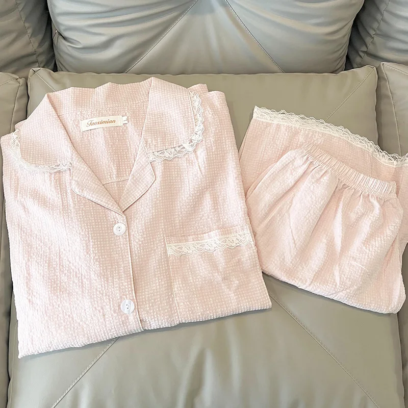 

Pink Pajamas Women's Summer Cotton Linen Short-sleeved Shorts Suit Sweet Lace Cardigan Summer Can Be Worn Outside The Home Wear