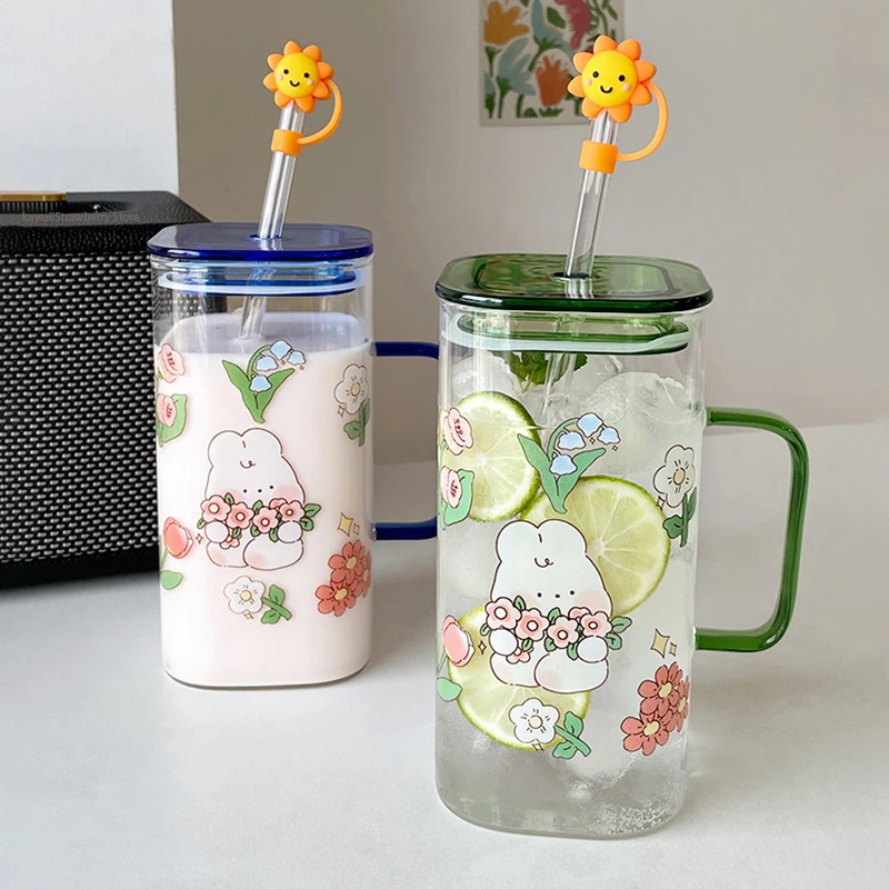 

Kawaii 750ml Animal Glass Cups With Lid And Straw Cute Coffee Mugs Glasses For Drinks Tea Water Milk Juice Beer Cup Drinkware
