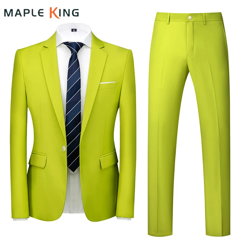 Men's Green Groom Suit Jacket Conjunto Social Masculino Wedding Dress Blazer + Pant 2Pcs Set Mens Business Formal Singer Costume