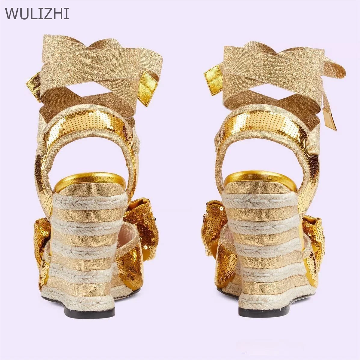 Gold Wedge Lace Butterfly Knot Heels Peep Toe Open Espadarille Patchwork Sandals Lace-Up Fretwork Heels Sequins Slingback Shoes