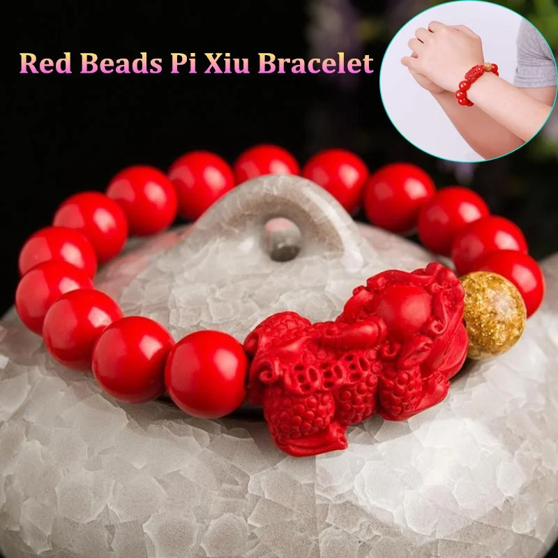 Pixiu Natural Stone Bracelet Men Women Chinese Feng Shui Pi Xiu Red Beads Wristband Gold Wealth & Good Lucky Unisex Bracelets A+