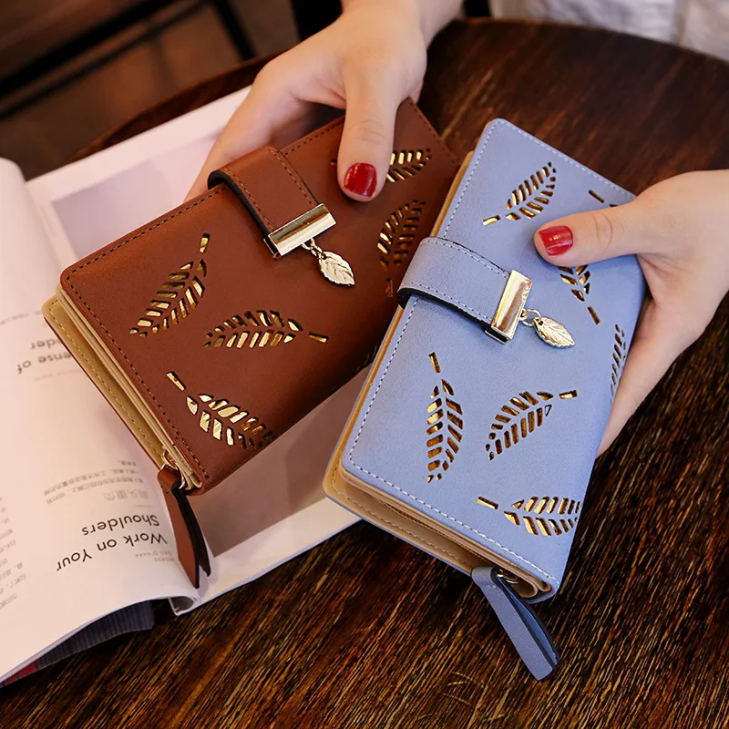 Women PU Leather Wallet Fashion Purse Long Wallet Gold Hollow Leaves Pouch Handbag For Women Coin Purse Card Holders Clutch