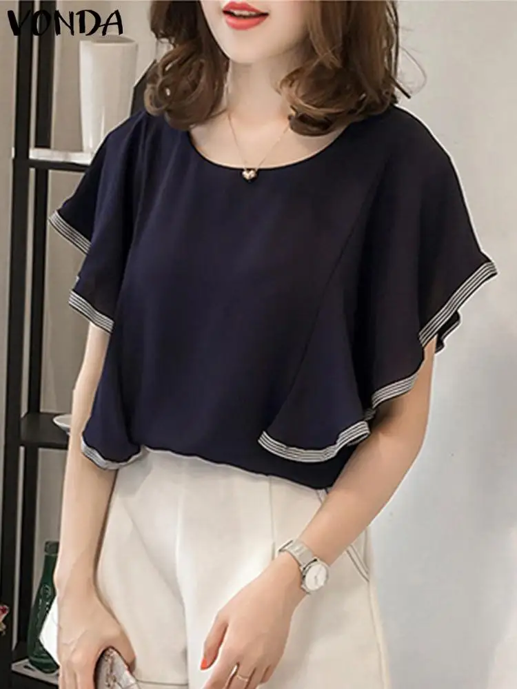 

VONDA Women Tops and Blouses 2023 Summer Short Bat Sleeve Ruffled Shirts Fashion Casual Loose Round Neck Tunic Blusas Femininas