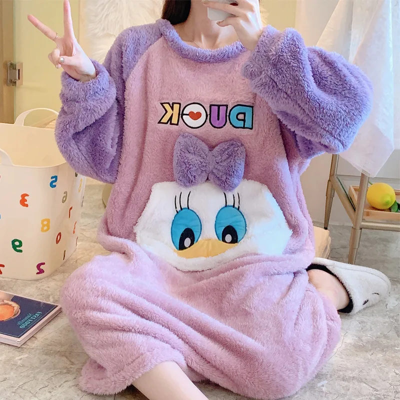 Women Winter Warm Fleece Nightgown Sleepwear Cute Kawaii Cartoon Pajama Homewear Nightdress Sweet Loose Flannel Girls Nightdress