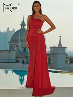Missord One Shoulder Padded Bra Sexy Maxi Dress Women's Evening 2022 Party Dress Grown With Ribbon Royal Red Draped Long Elegant