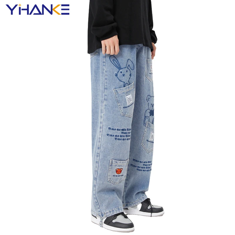 Harajuku Japanese Retro Bear Embroidered Wash Jeans Men and Women Couples with The Same Paragraph Loose Straight Trousers Tide