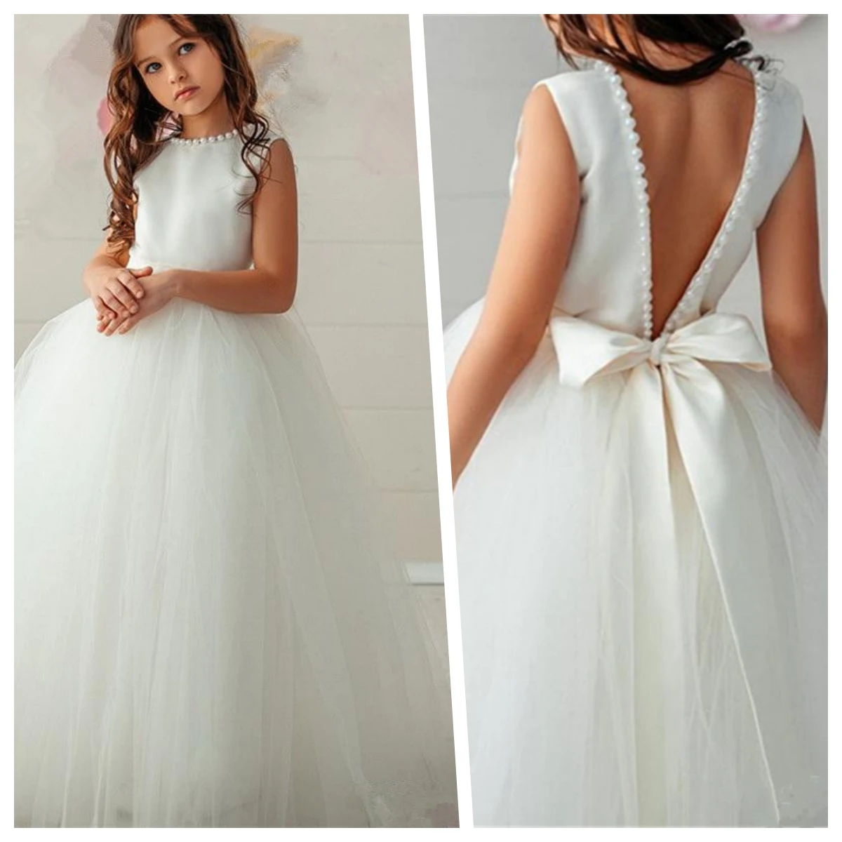 

Backless Pearls Bow Flower Girl Dress Trailer Puffy Wedding Party Gowns For Girl First Communion Dresses Eucharist Girl Dress