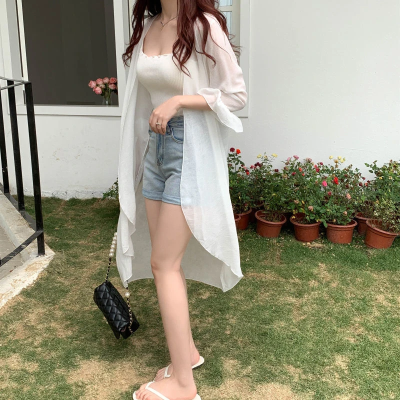 Женское летнее тонкое шифоновое пальто Geskeey черное солнцезащитное с