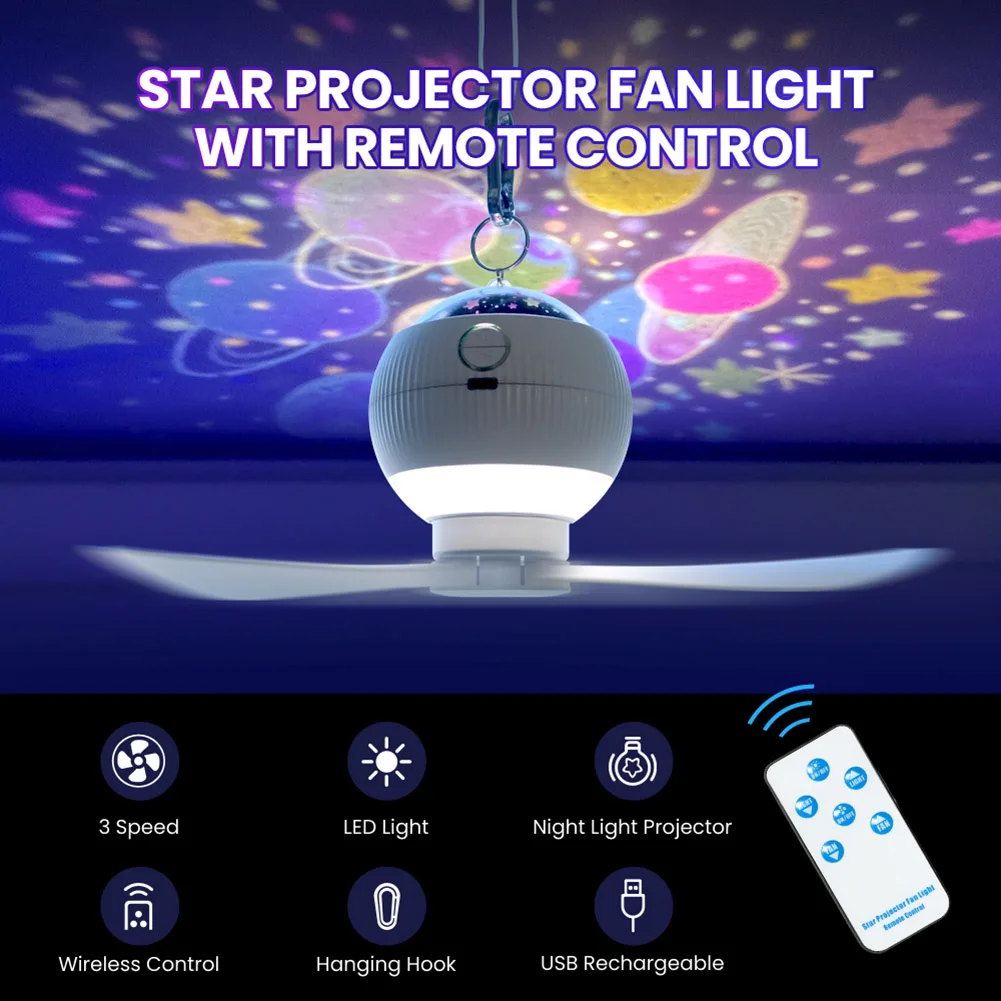 

Multifunction Starry Sky Light Projection Night Light Fan Lights Remote Control Rechargeable Camping Tent Lighting Supplies