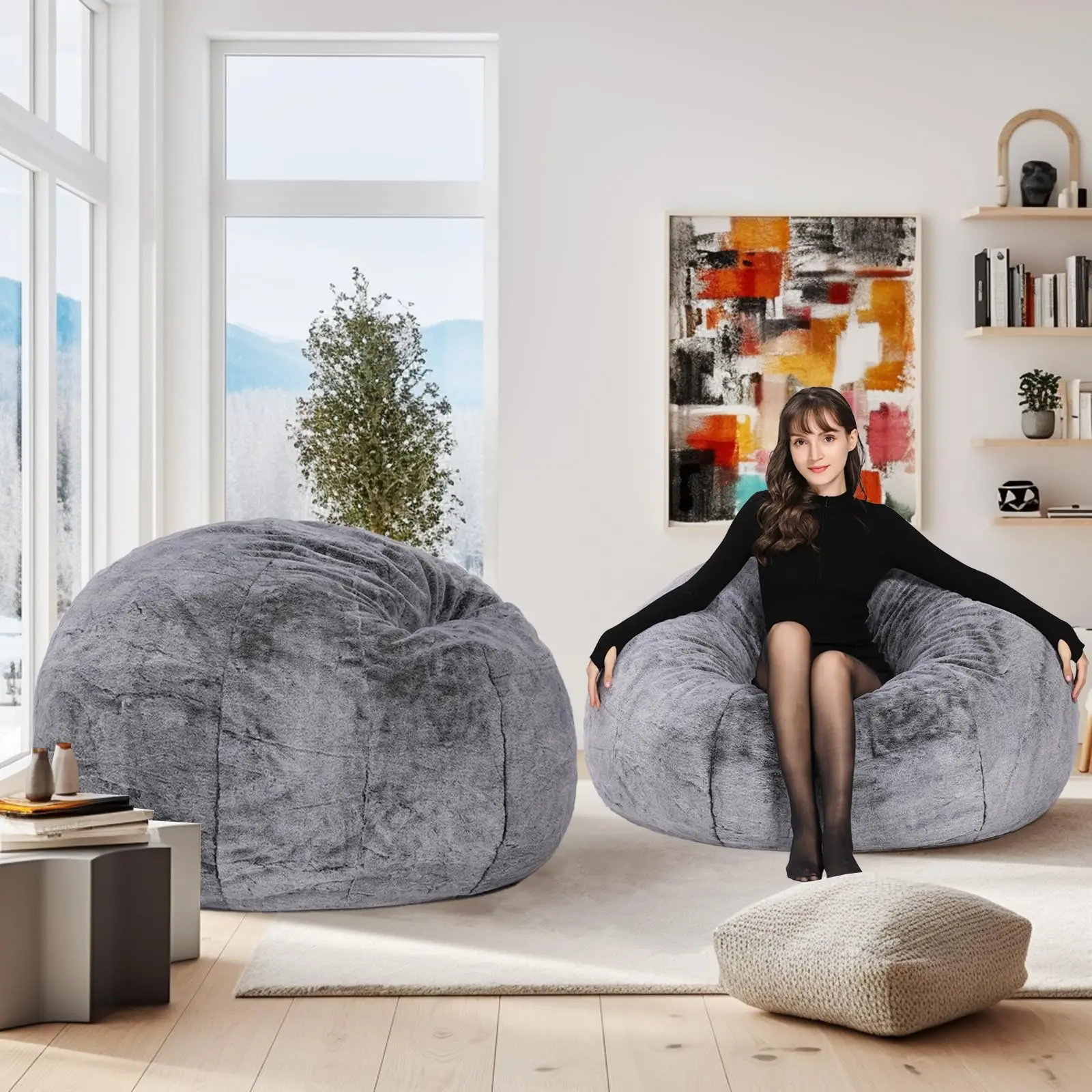 Круглый стул-мешок серый бархатный пушистый ленивый диван с пеной эффектом