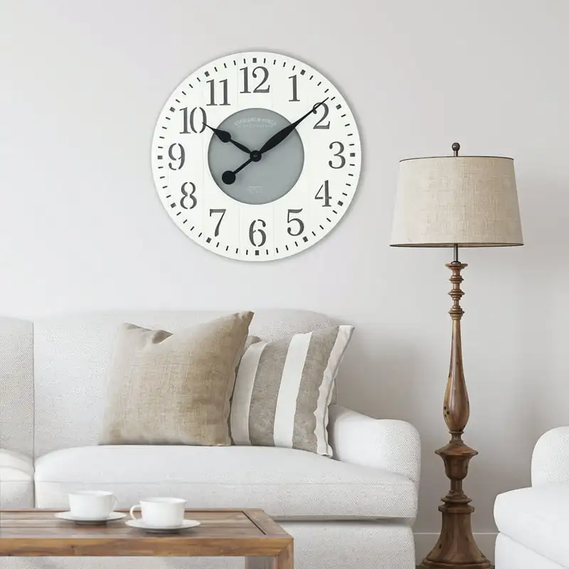 

Round 23.5" White and Gray Arabic Wainscot Farmhouse Analog Wall Clock