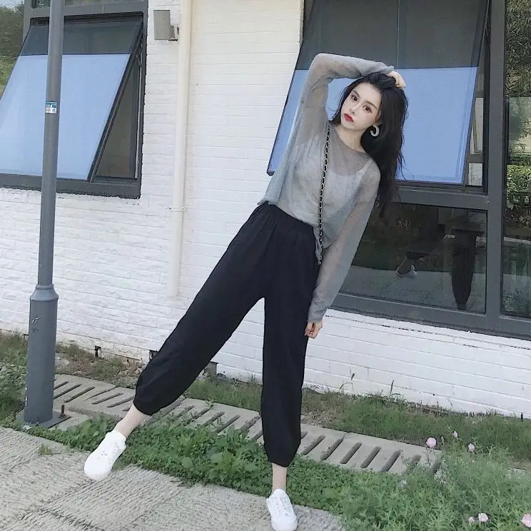 

2022 Women's Summer New Three-piece Sets Female Sunscreen Clothing + Camisole Tops Ladies Casual Loose Harem Pants Suits R118