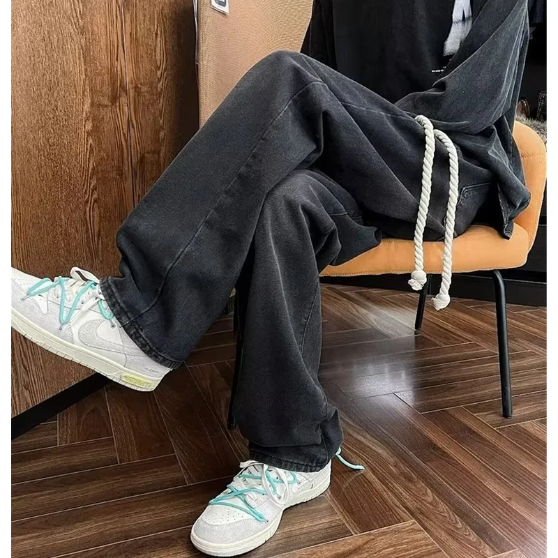 Streetwear Men 2022 Fashion New Pattern Vintage Recreational Blue Jeans Loose Straight Cylinder Broad Leg Trousers Autumn Female