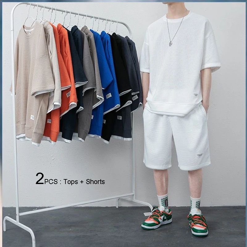 Summer new men's suit high-quality waffle fabric short-sleeved T-shirt   shorts set fashion men's large size short-sleeved suit