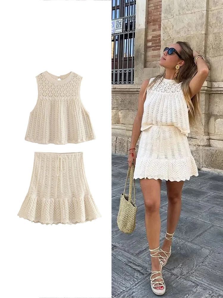 TRAF женская мода жаккард вырез вязать комплект череп вышивка дизайн без рукавов